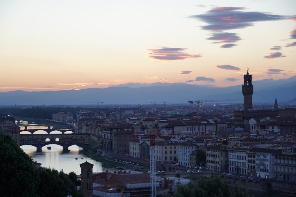 Florence skyline sunset Arno river