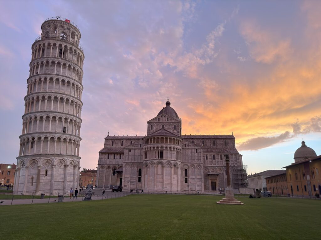 Leaning Tower of Pisa golden hour crowd