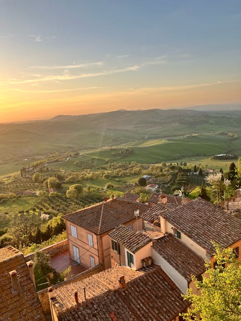 Tuscany hilltop village sunset view